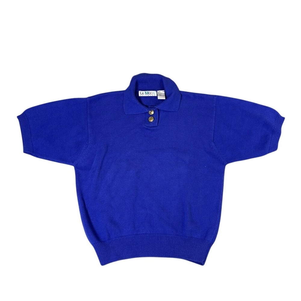Le Moda Knitwear Royal Blue Cotton Short Sleeve Polo Sweater Vintage Size M